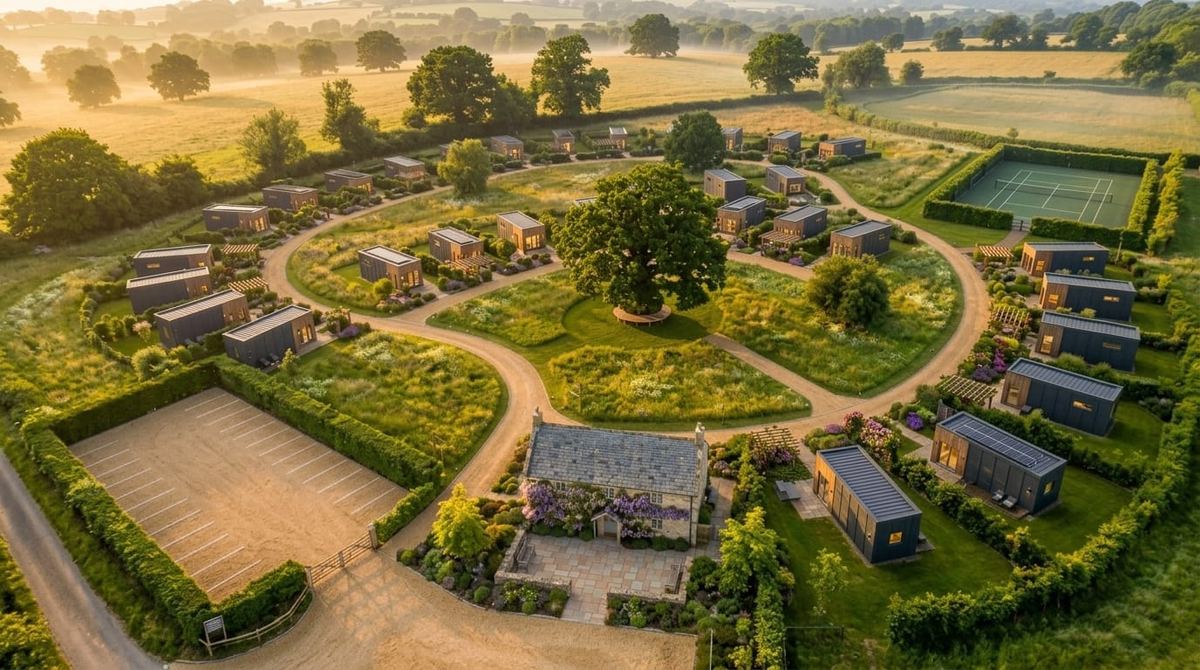 Quintillio modular homes village — aerial view of tiny houses UK