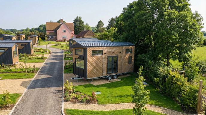 Prefab home exterior — timber-clad modular house in landscaped garden