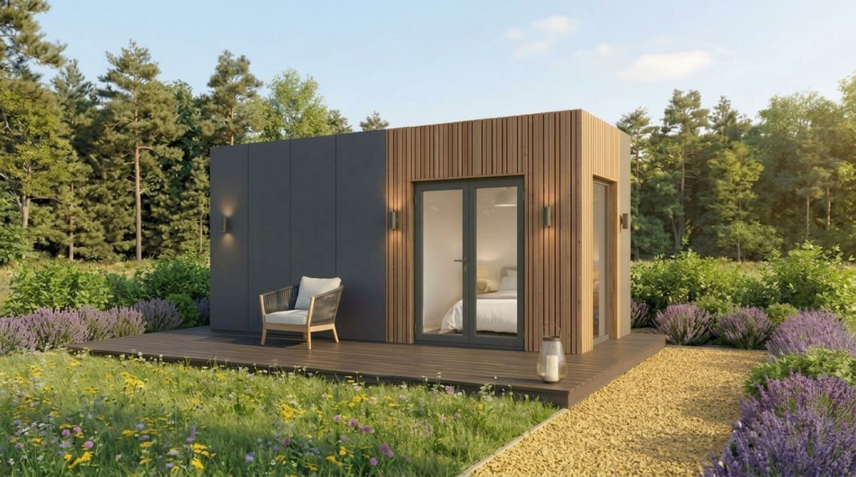 Modular home exterior with deck — garden annex UK